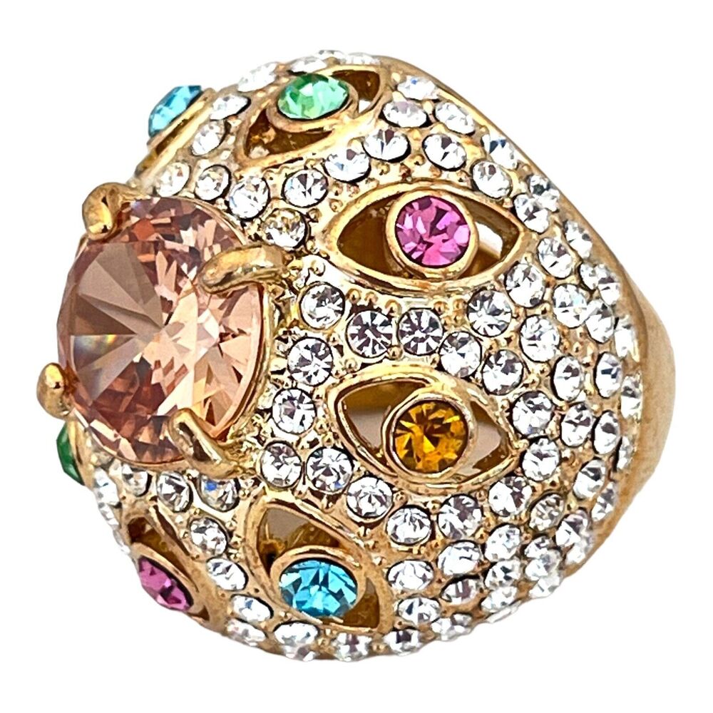 New Citrine Color Crystal Dome Ring Pastel Accents Pave Gold Tone Size 5 - 5W